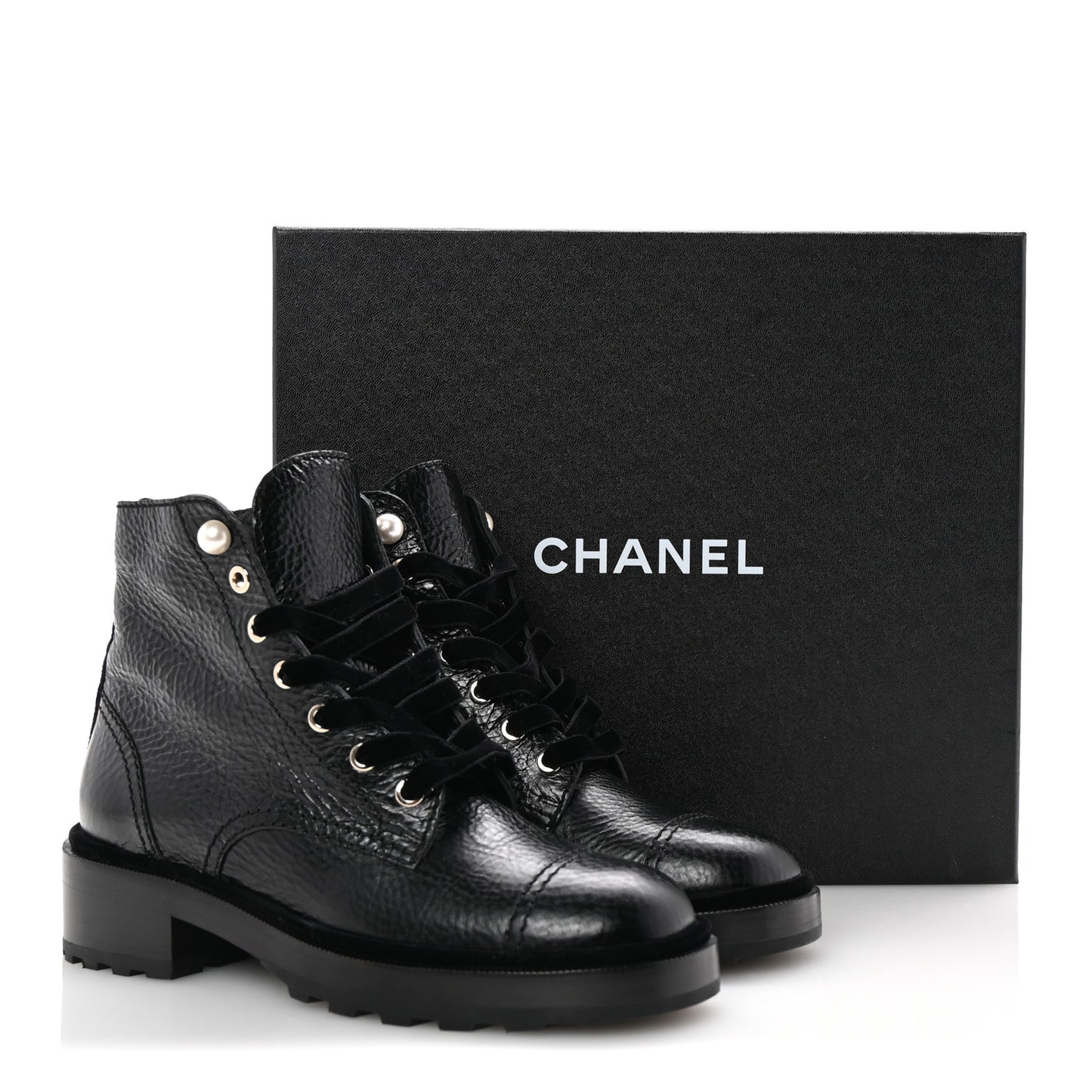 Shiny Calfskin Velvet Pearl Combat Short Boots 38 Black