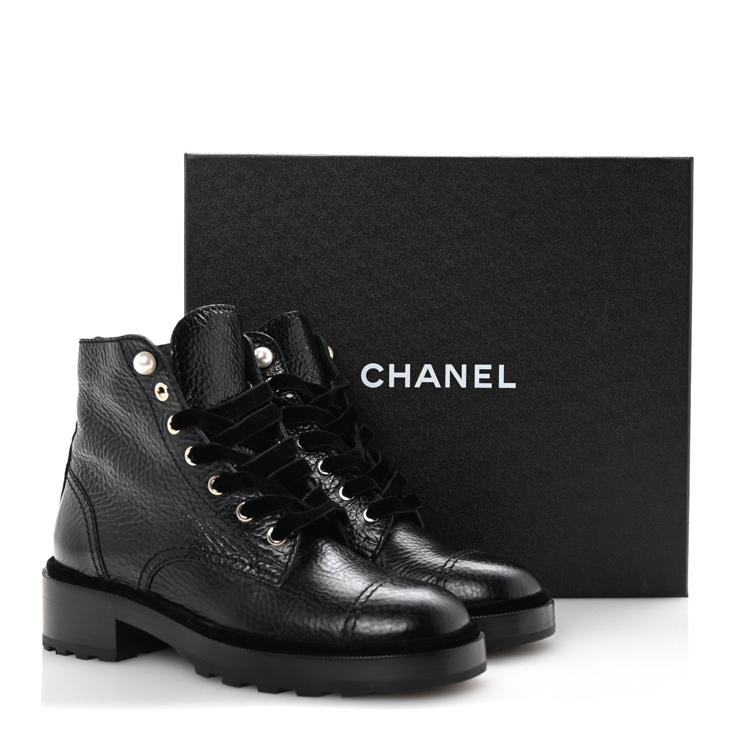 Chanel Shiny Calfskin Velvet Pearl Combat Short Boots 38 Black 10 of 10