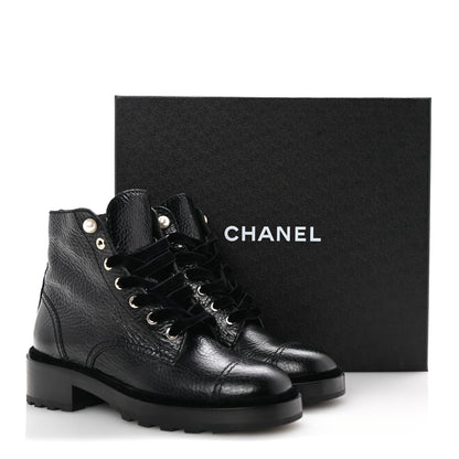 Chanel Shiny Calfskin Velvet Pearl Combat Short Boots 38 Black 10 of 10