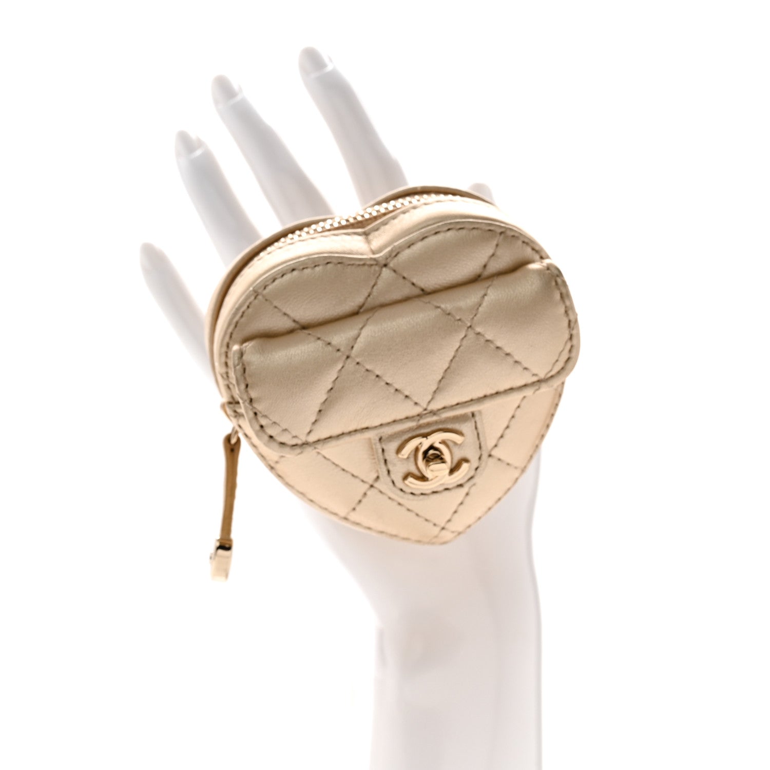 Chanel Metallic Lambskin Quilted CC In Love Heart Zipped Arm Coin Purse Gold 2 of 7