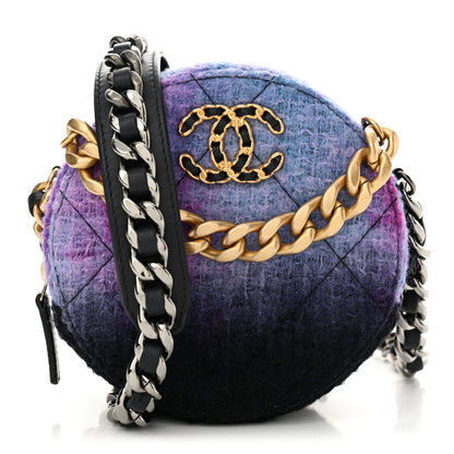 Chanel Wool Tweed Chanel 19 Round Clutch With Chain Purple Black Blue 1 of 11