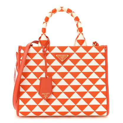 Prada Jacquard Saffiano Triangolo Symbole Embroidered Small Tote Arancio White 1 of 13