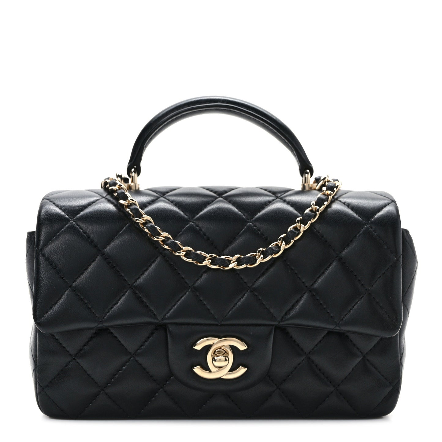 Lambskin Quilted Mini Top Handle Rectangular Flap Black