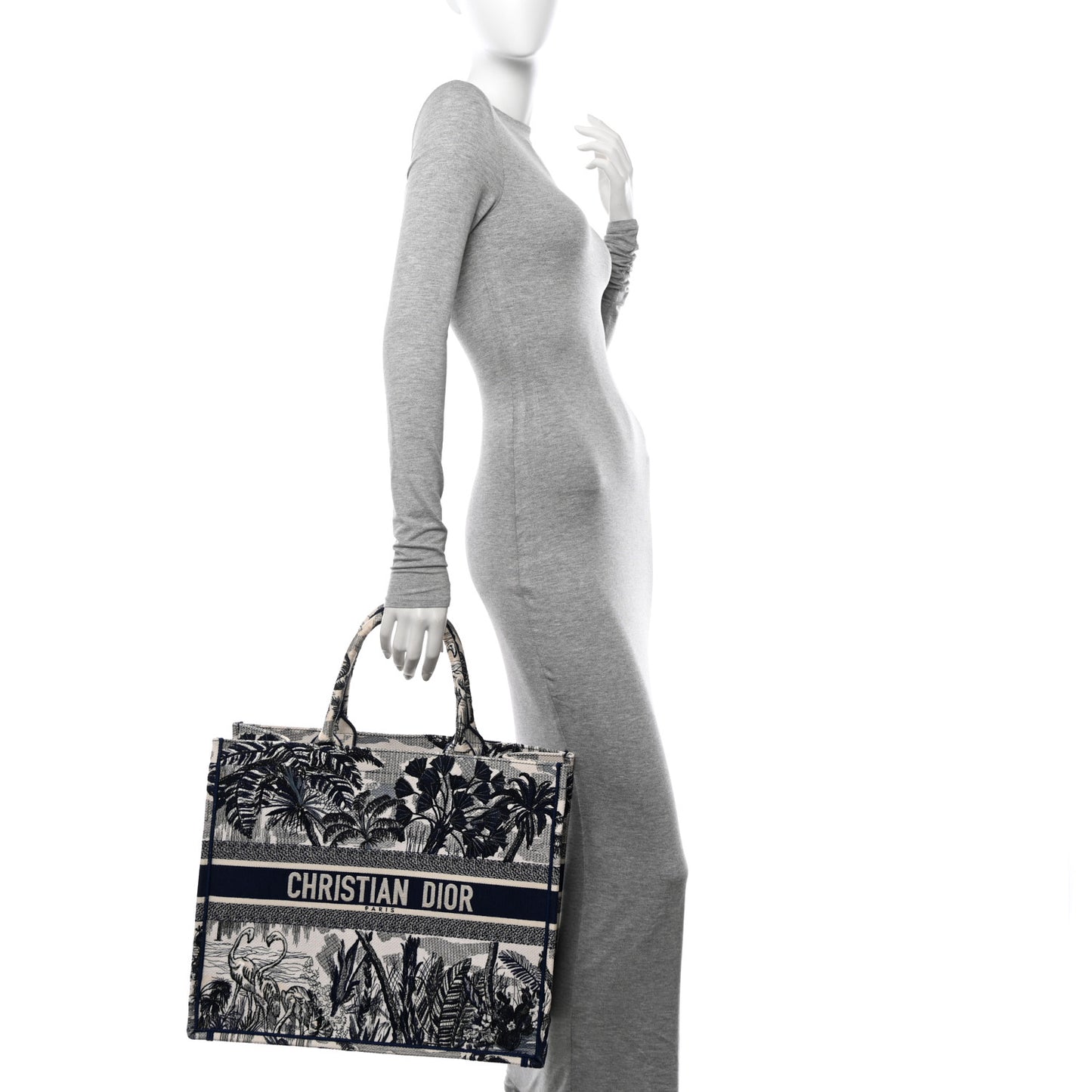 Canvas Embroidered Large Palm Tree Toile De Jouy Book Tote Blue