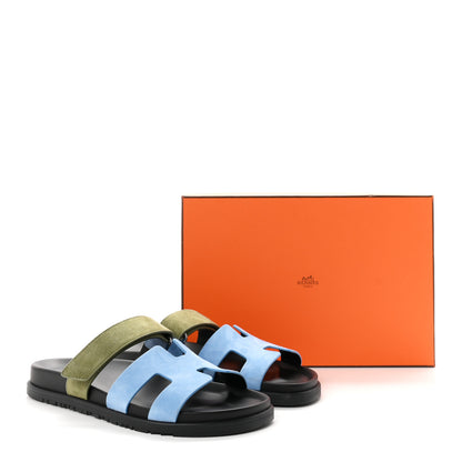 Hermes Suede Goatskin Womens Chypre Sandals 41 Bleu Cameo Vert 10 of 10