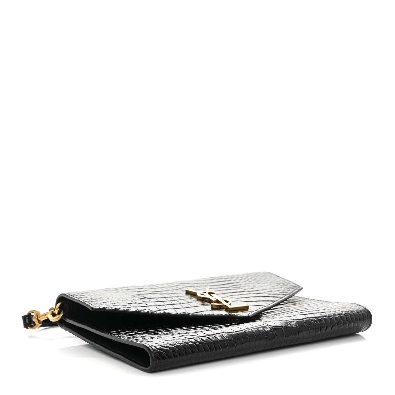 Saint Laurent Calfskin Crocodile Embossed Monogram Cassandre Flap Pouch Black 4 of 11