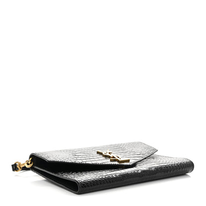 Saint Laurent Calfskin Crocodile Embossed Monogram Cassandre Flap Pouch Black 4 of 11