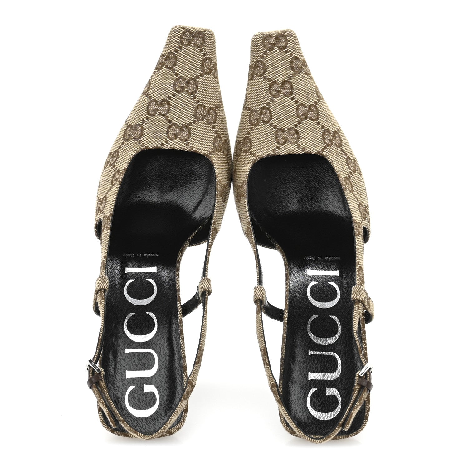 Gucci Monogram Malga Kid Square G 75mm Slingback Pumps 38 Beige Ebony New Acero 2 of 10
