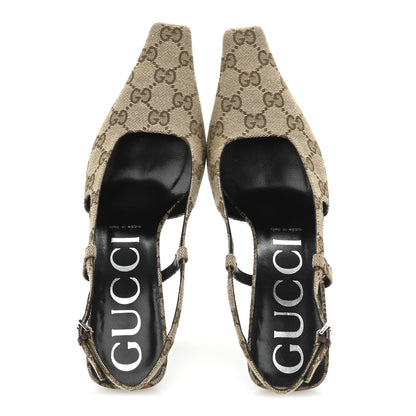 Gucci Monogram Malga Kid Square G 75mm Slingback Pumps 38 Beige Ebony New Acero 2 of 10
