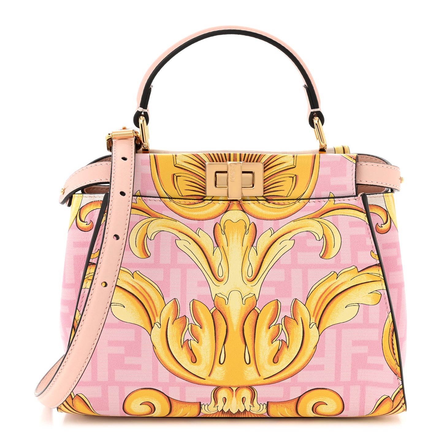 X VERSACE Vitello Seta Nappa Fendace FF Baroque Mini Peekaboo Iconic Satchel Pink Gold