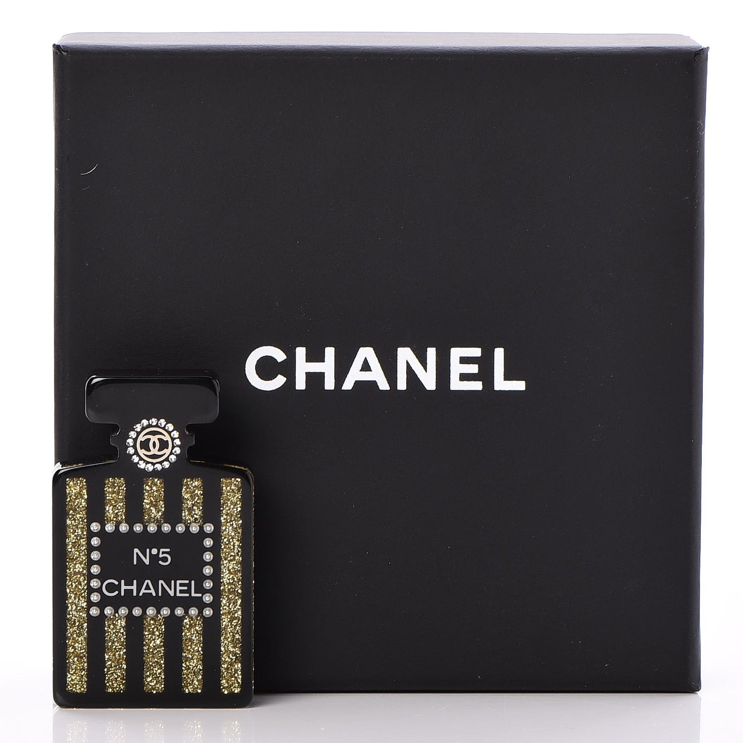 Resin Strass Perfume Bottle CC Brooch Black Gold