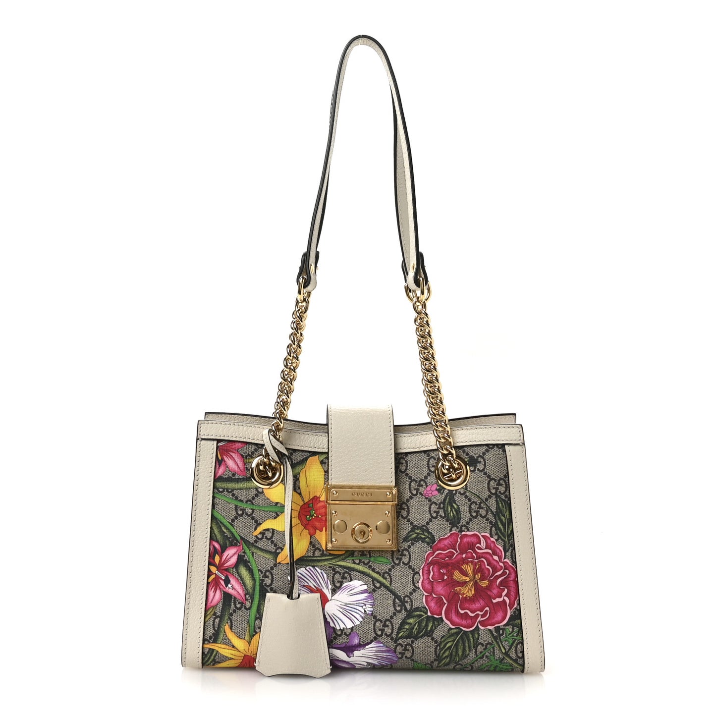 GG Supreme Monogram Flora Textured Calfskin Small Padlock Tote Beige Ebony Multicolor Mystic White