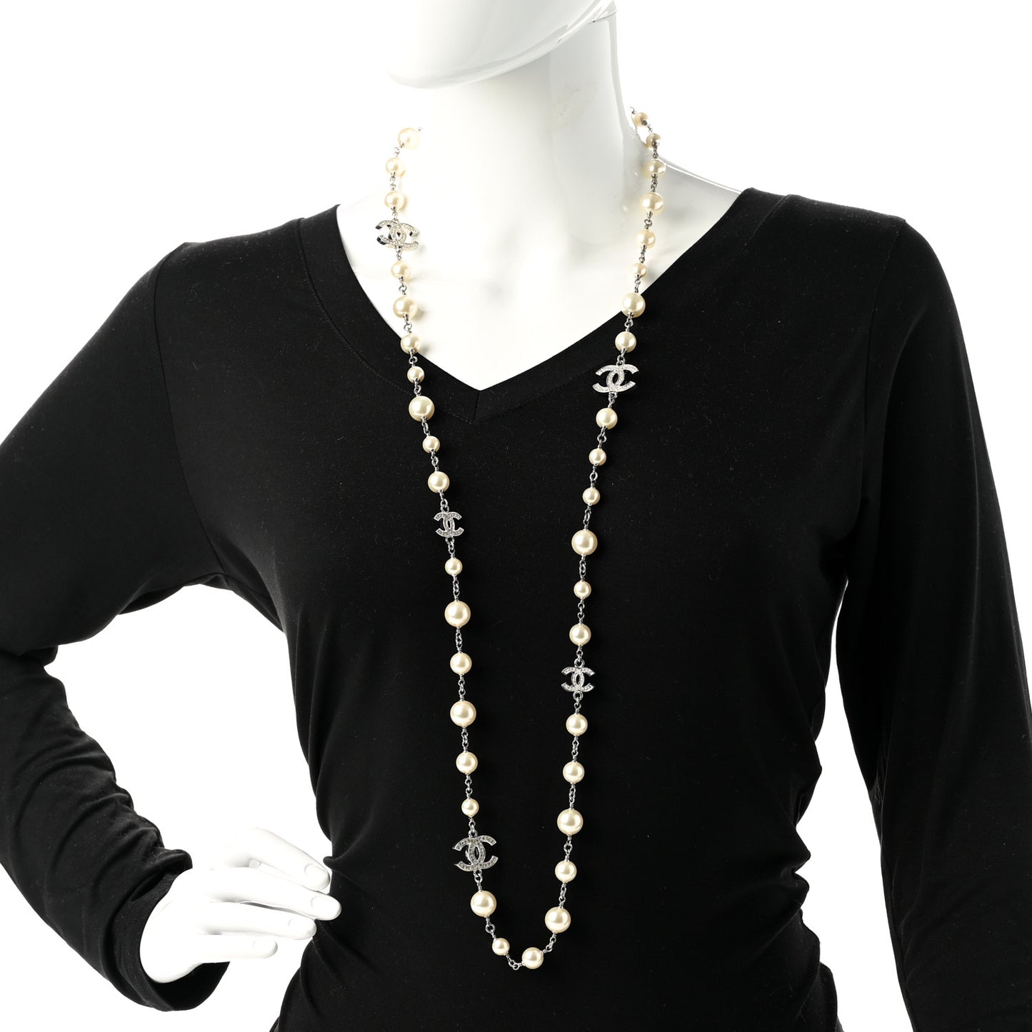 Graduated Pearl Crystal CC Long Necklace Silver