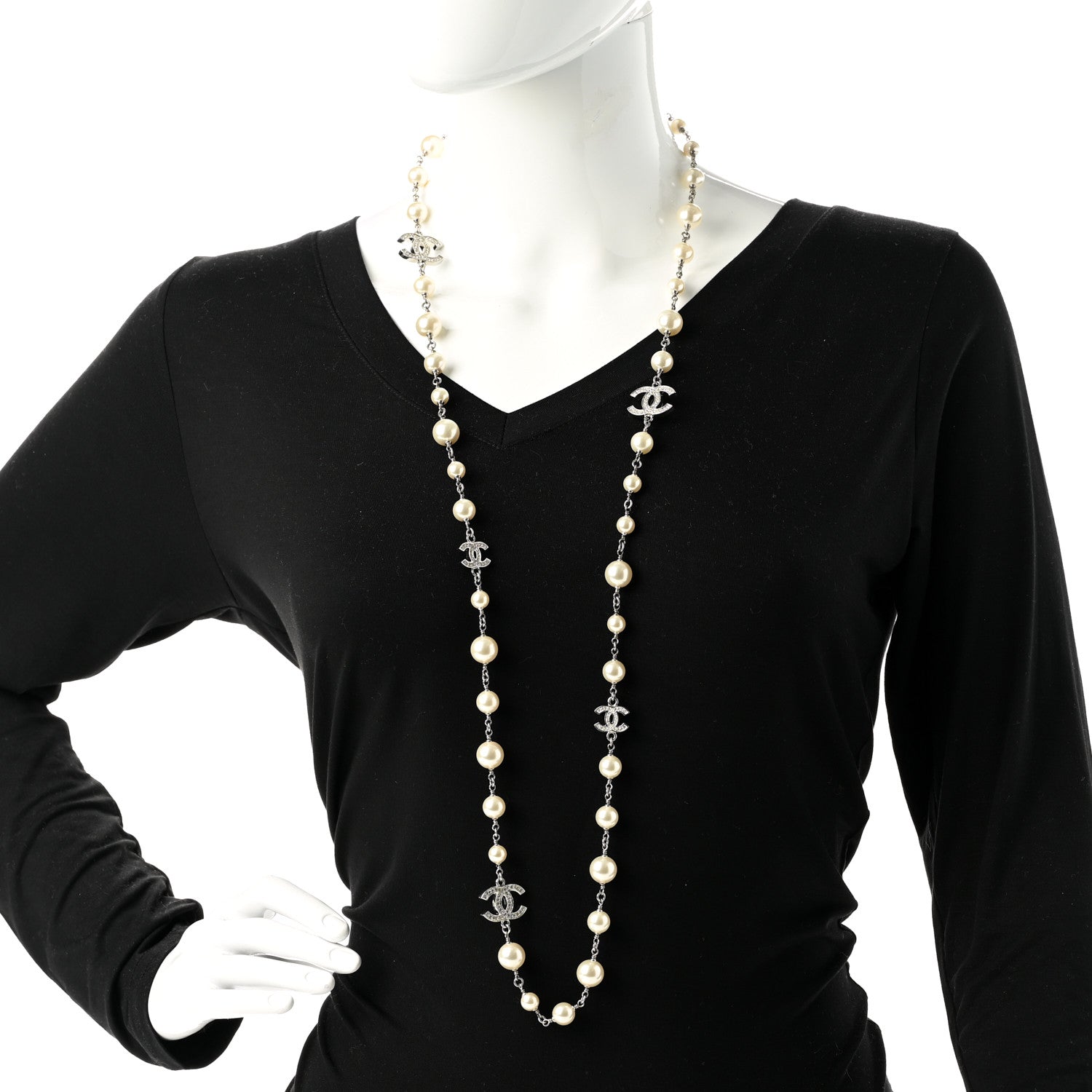 Chanel Graduated Pearl Crystal CC Long Necklace Silver 2 of 6