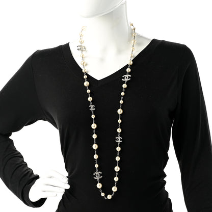 Chanel Graduated Pearl Crystal CC Long Necklace Silver 2 of 6