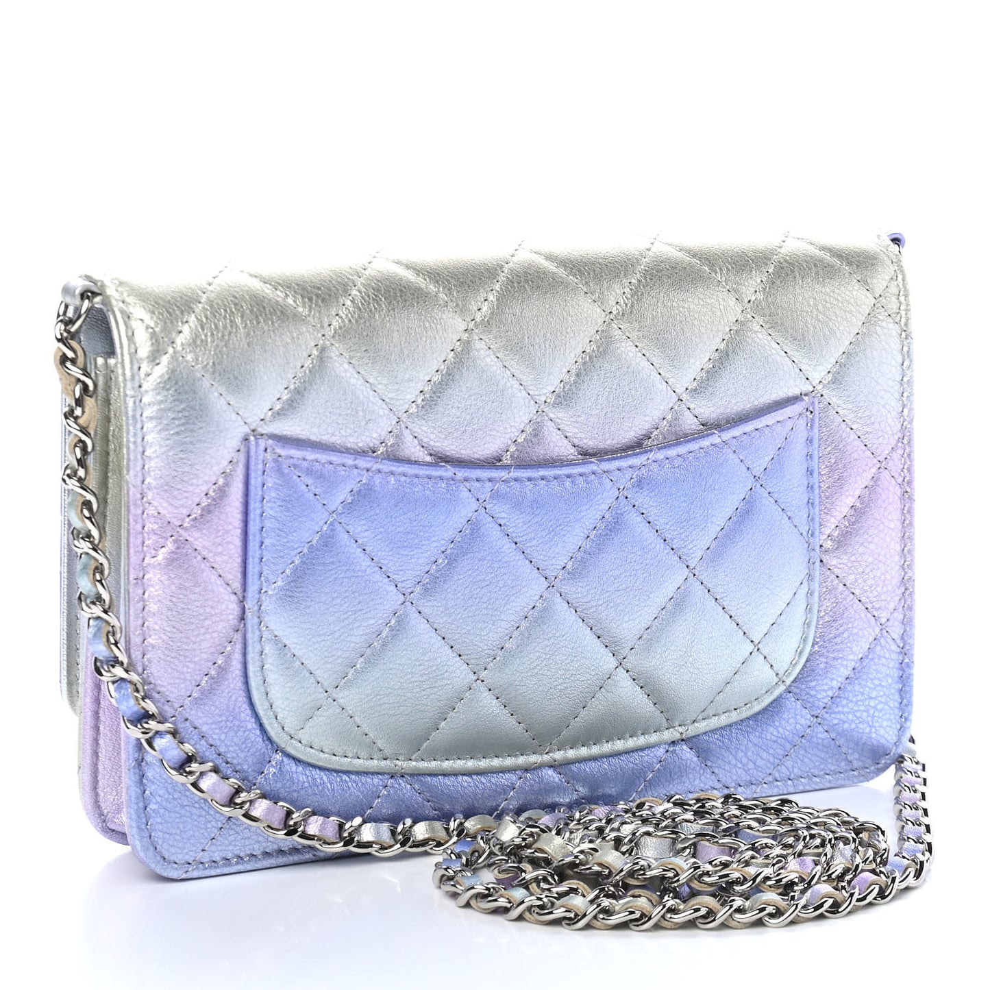 Gradient Metallic Calfskin Quilted Wallet On Chain WOC Silver Blue Yellow Purple