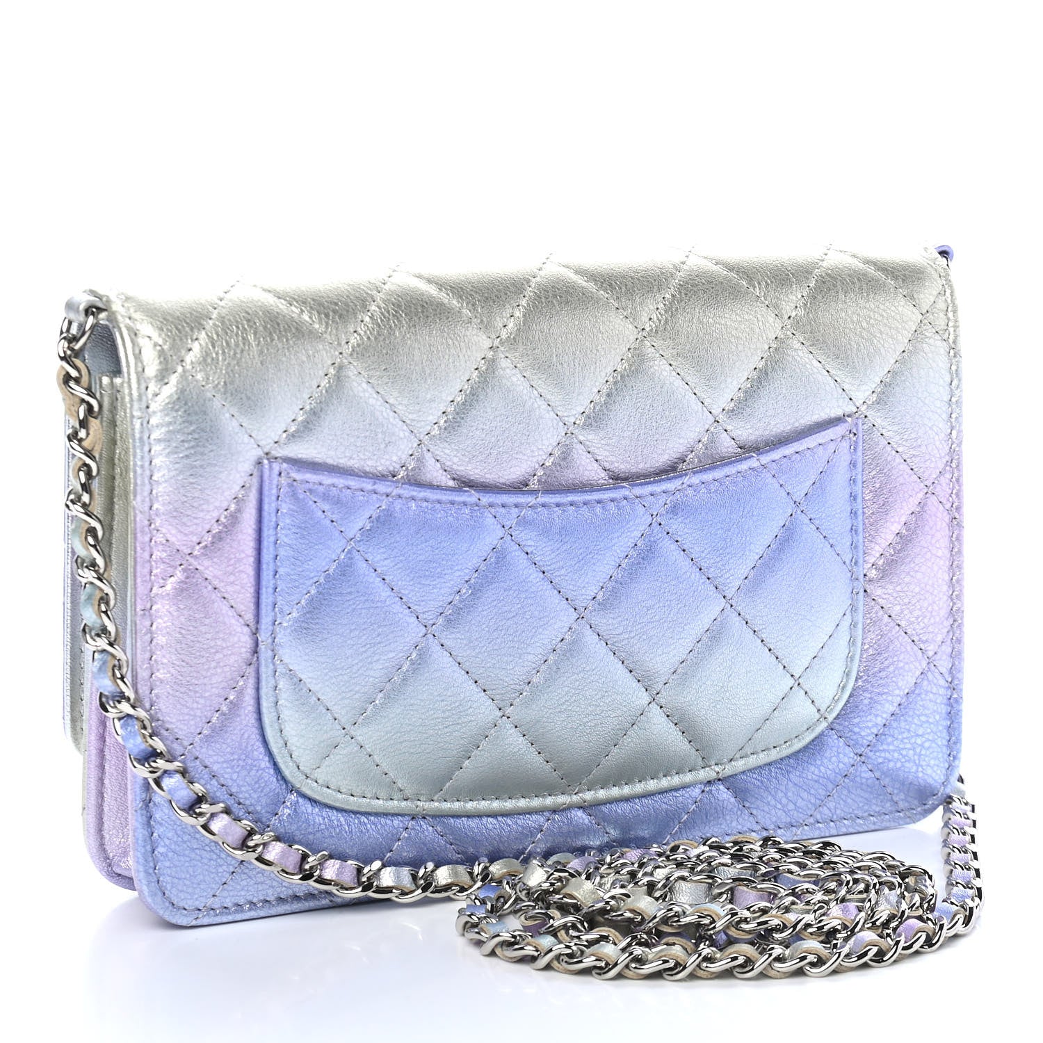 Chanel Gradient Metallic Calfskin Quilted Wallet On Chain WOC Silver Blue Yellow Purple 3 of 10