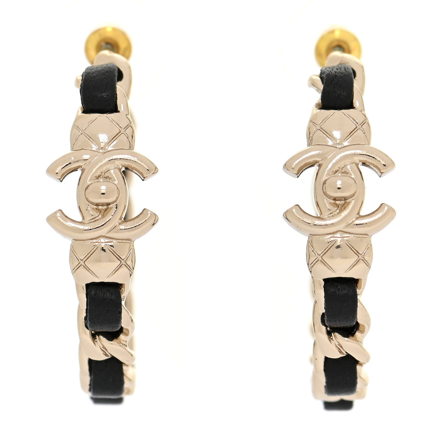 Chanel Metal Lambskin Quilted CC Turnlock Chain Hoop Earrings Gold Black 1 of 5