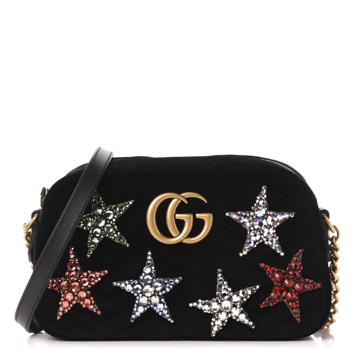 Gucci Velvet Matelasse Crystal Star Embroidered Small GG Marmont Chain Shoulder Bag Black 1 of 11
