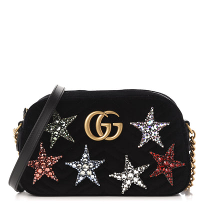 Gucci Velvet Matelasse Crystal Star Embroidered Small GG Marmont Chain Shoulder Bag Black 1 of 11