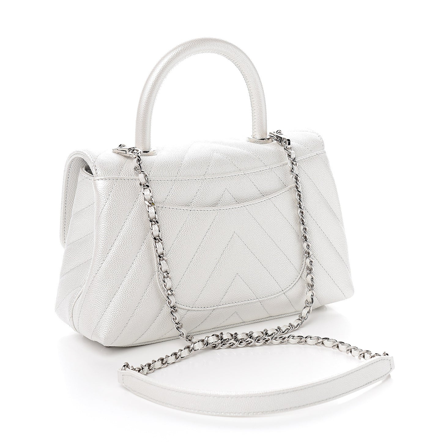 Iridescent Caviar Chevron Quilted Mini Coco Handle Flap White