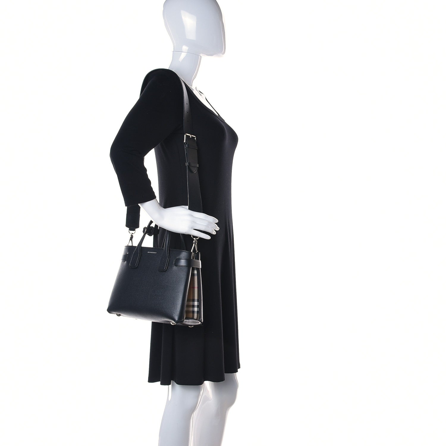Burberry Grainy Calfskin House Check Small Banner Tote Black 2 of 19