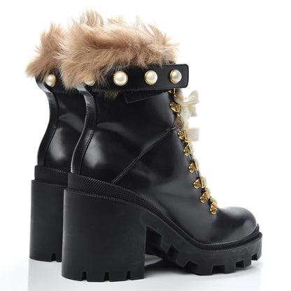 Gucci Magnum Calfskin Fur Pearl Lace Up Combat Ankle Boots 37 Black Naturale 4 of 10