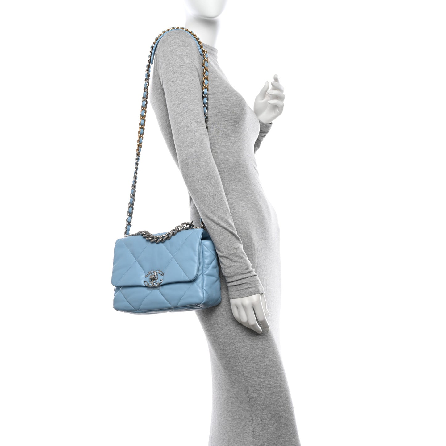 Shiny Lambskin Quilted Medium Chanel 19 Flap Light Blue