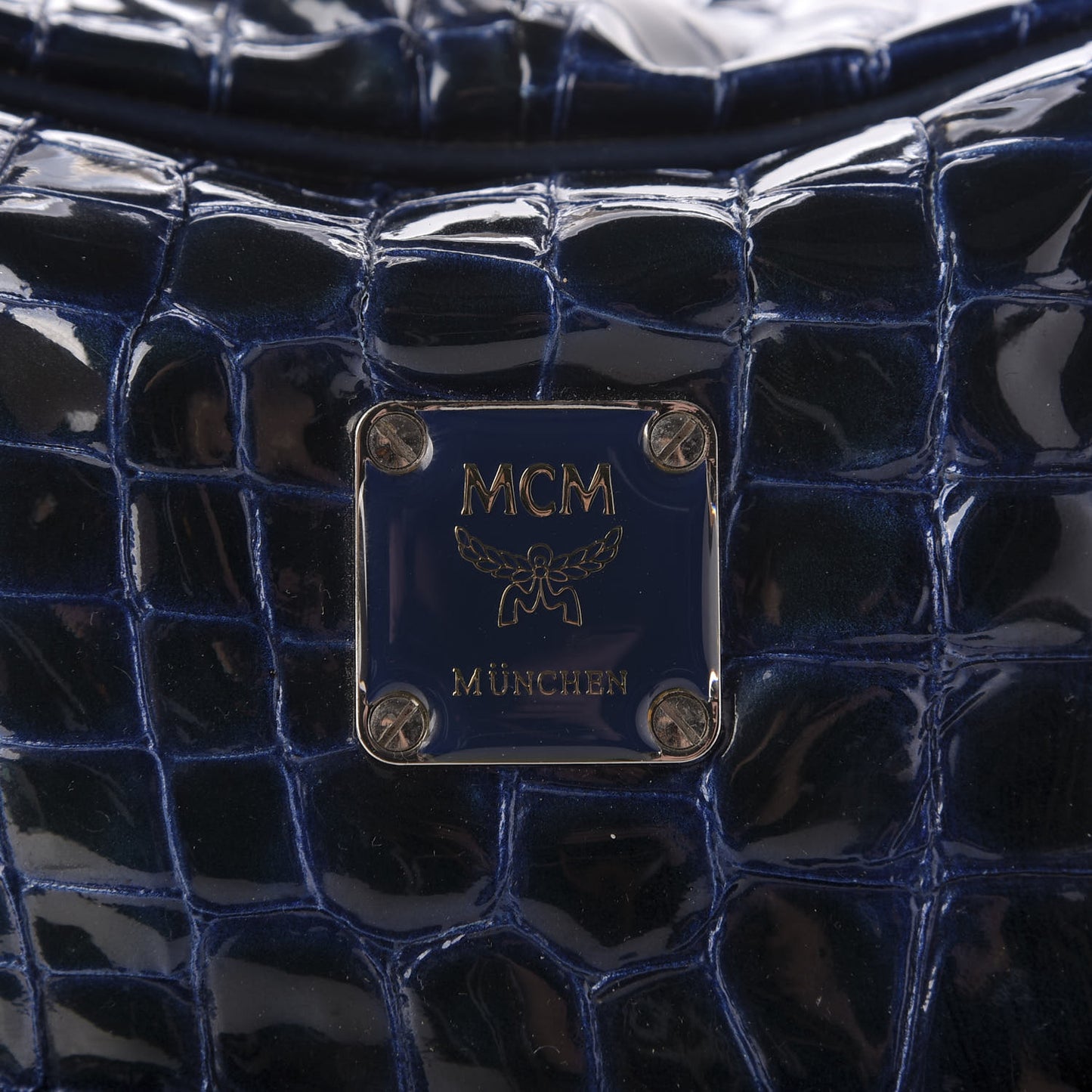 Crocodile Embossed Patent Calfskin Double Pocket Tote Blue