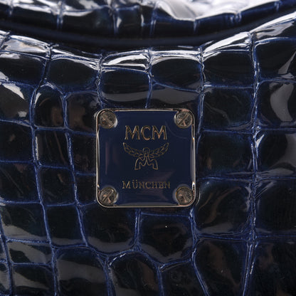 MCM Crocodile Embossed Patent Calfskin Double Pocket Tote Blue 9 of 11