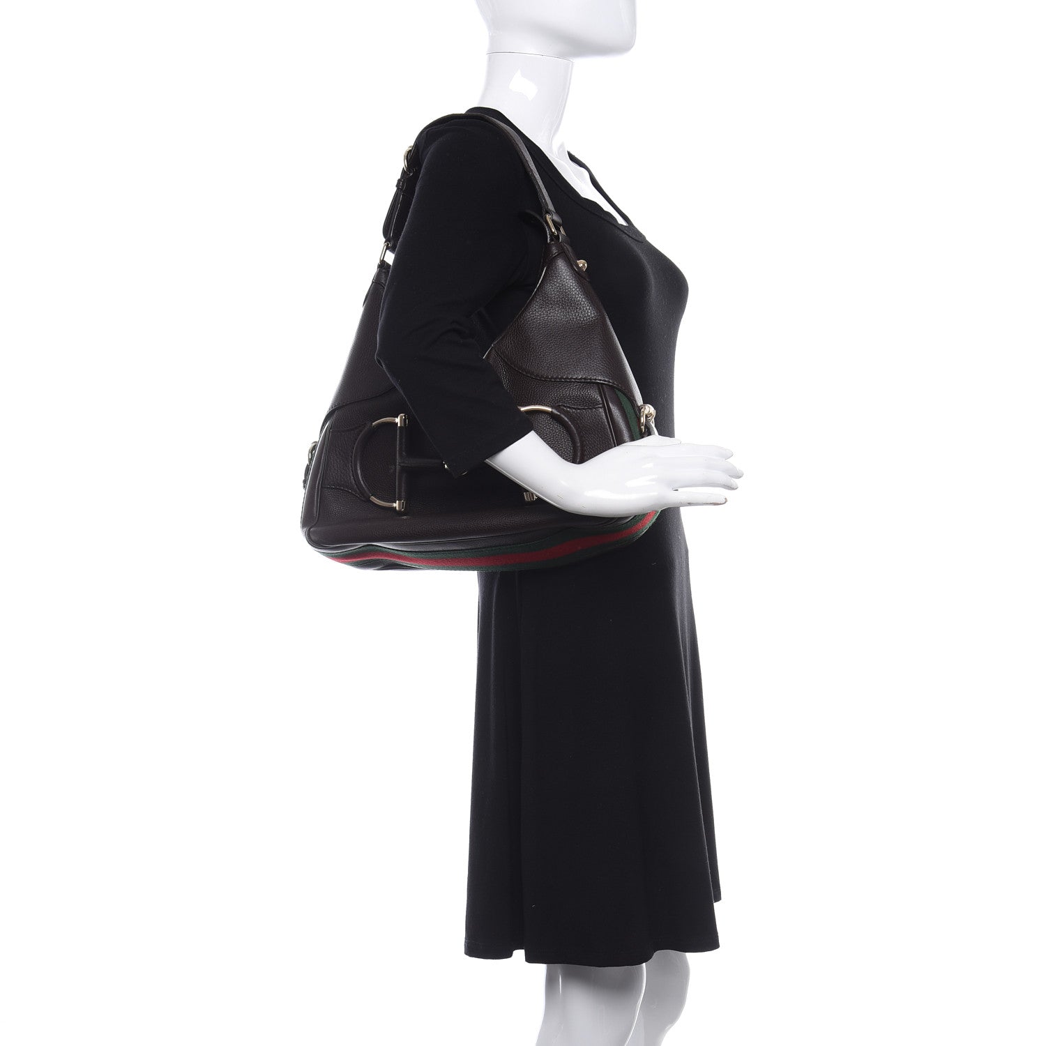 Gucci Calfskin Large Horsebit Web Hobo Brown 2 of 14