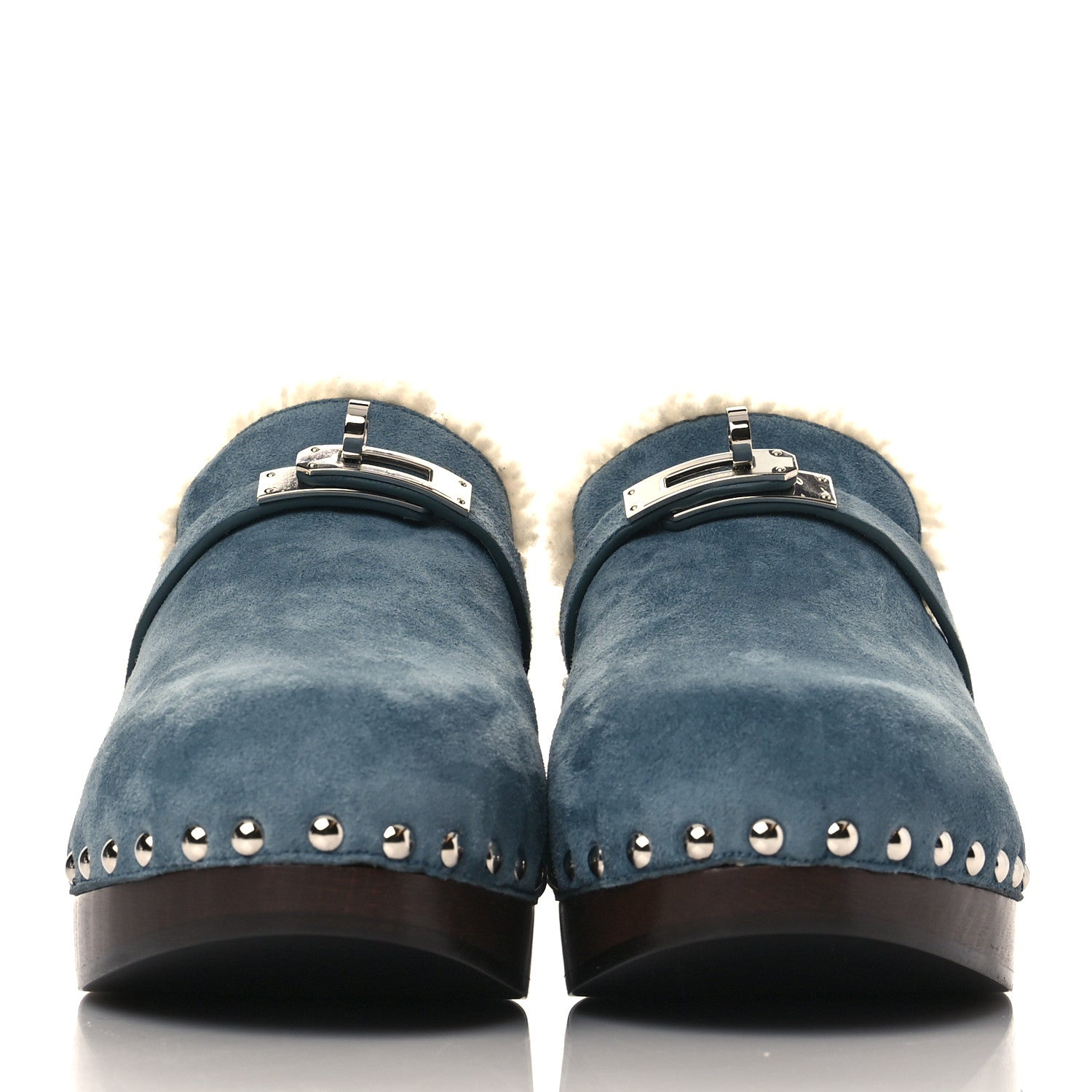 Hermes Suede Goatskin Woolskin Carlotta Mules 37 Bleu Pinede 2 of 8