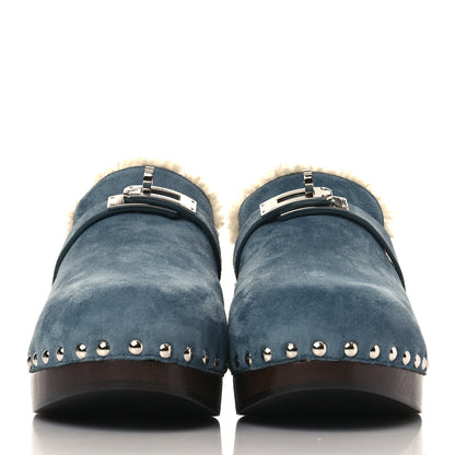 Hermes Suede Goatskin Woolskin Carlotta Mules 37 Bleu Pinede 2 of 8
