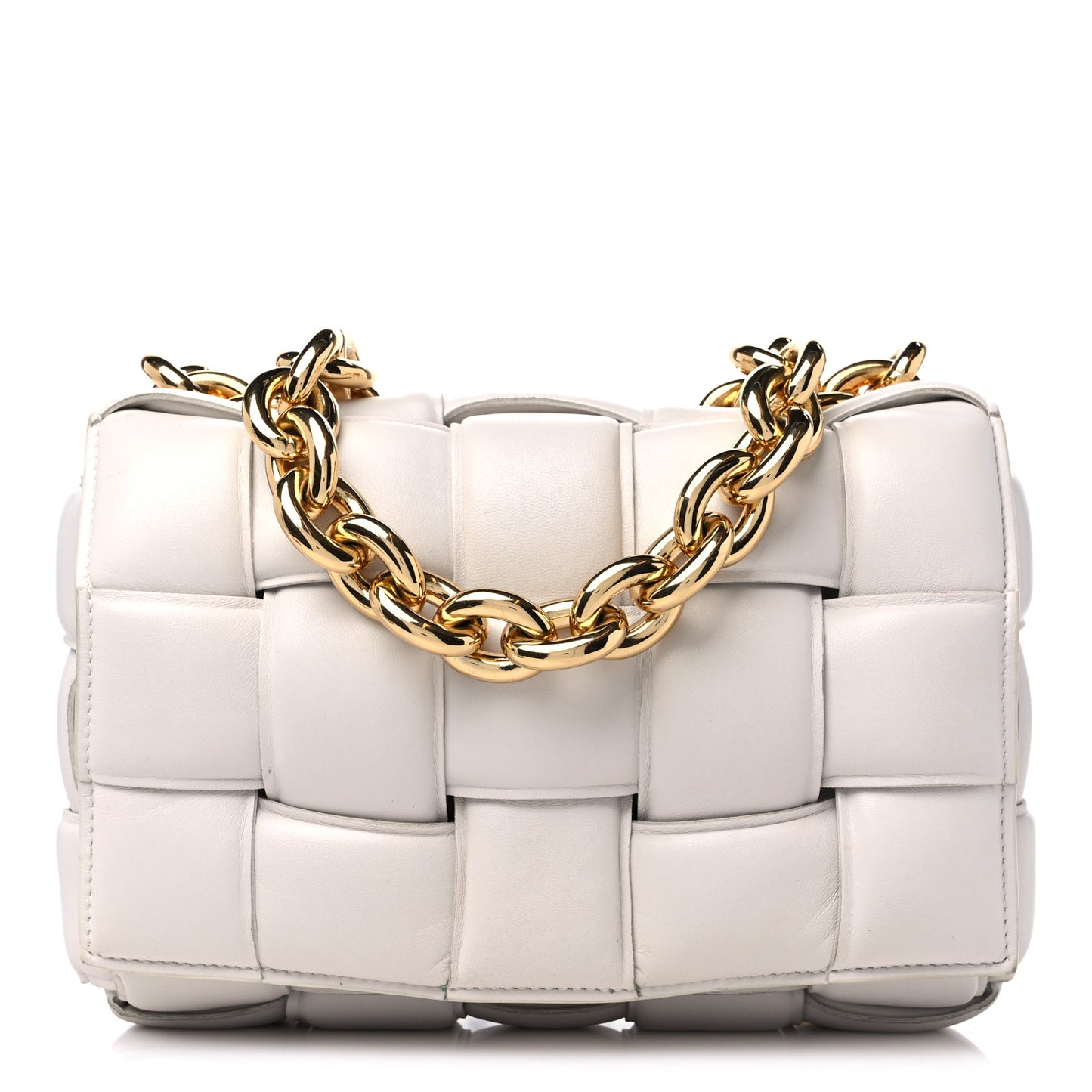 Lambskin Maxi Intreccio Padded Chain Cassette Crossbody Bag White