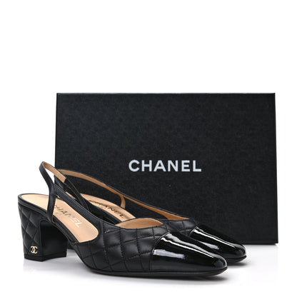 Chanel Lambskin Patent Calfskin Quilted Cap Toe CC Slingback Pumps 39.5 Black 9 of 9