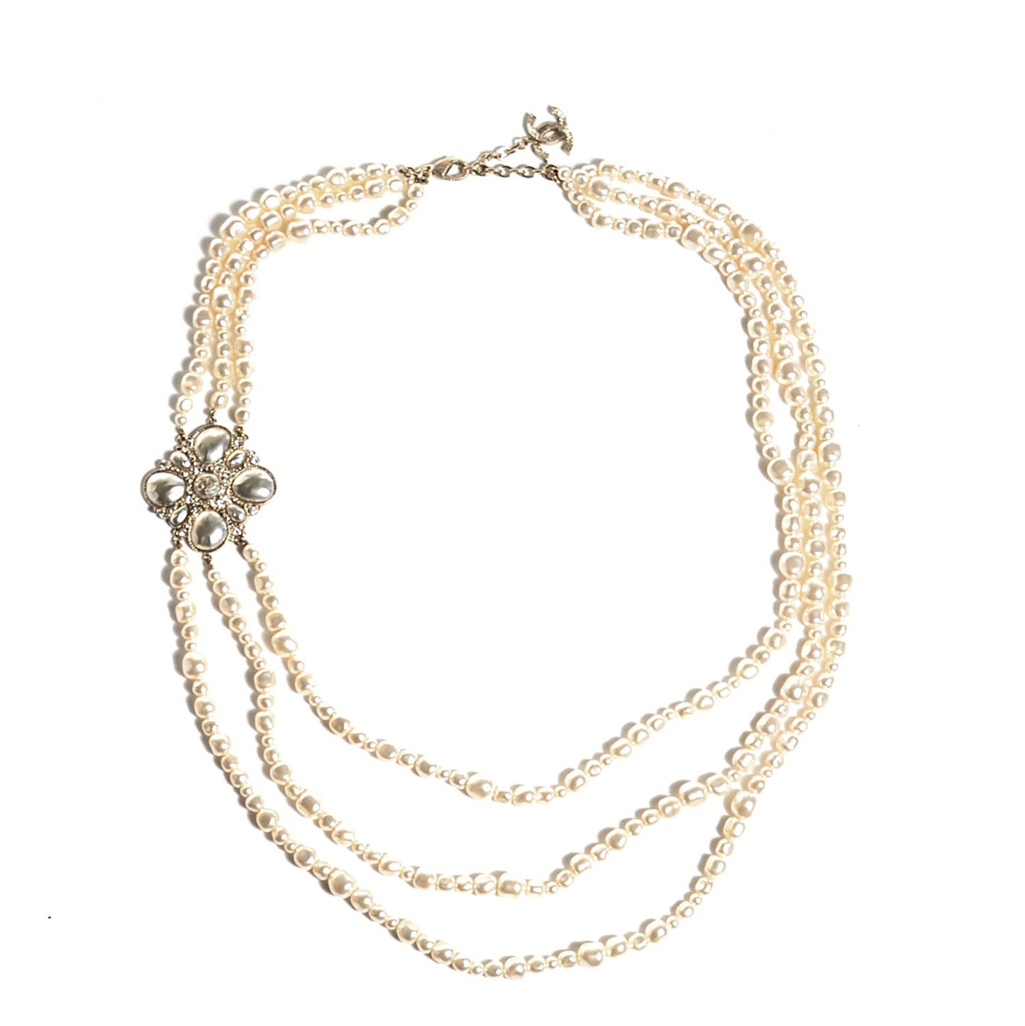 Pearl Crystal Triple Strand CC Necklace Gold