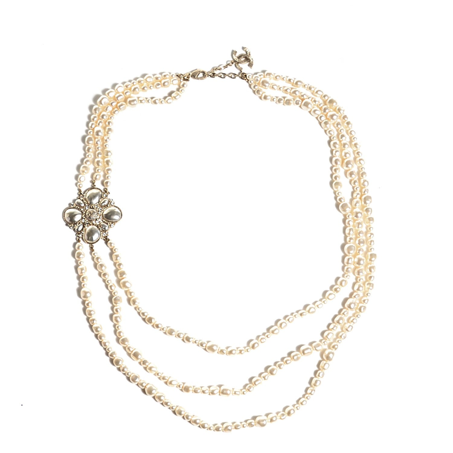 Chanel Pearl Crystal Triple Strand CC Necklace Gold 1 of 7