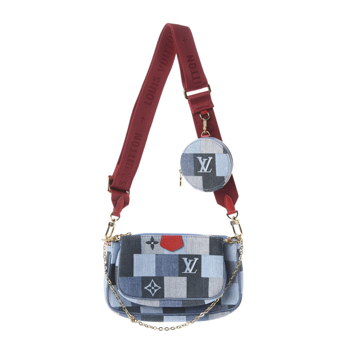 Denim Damier Monogram Patchwork Multi Pochette Accessories Blue Rouge