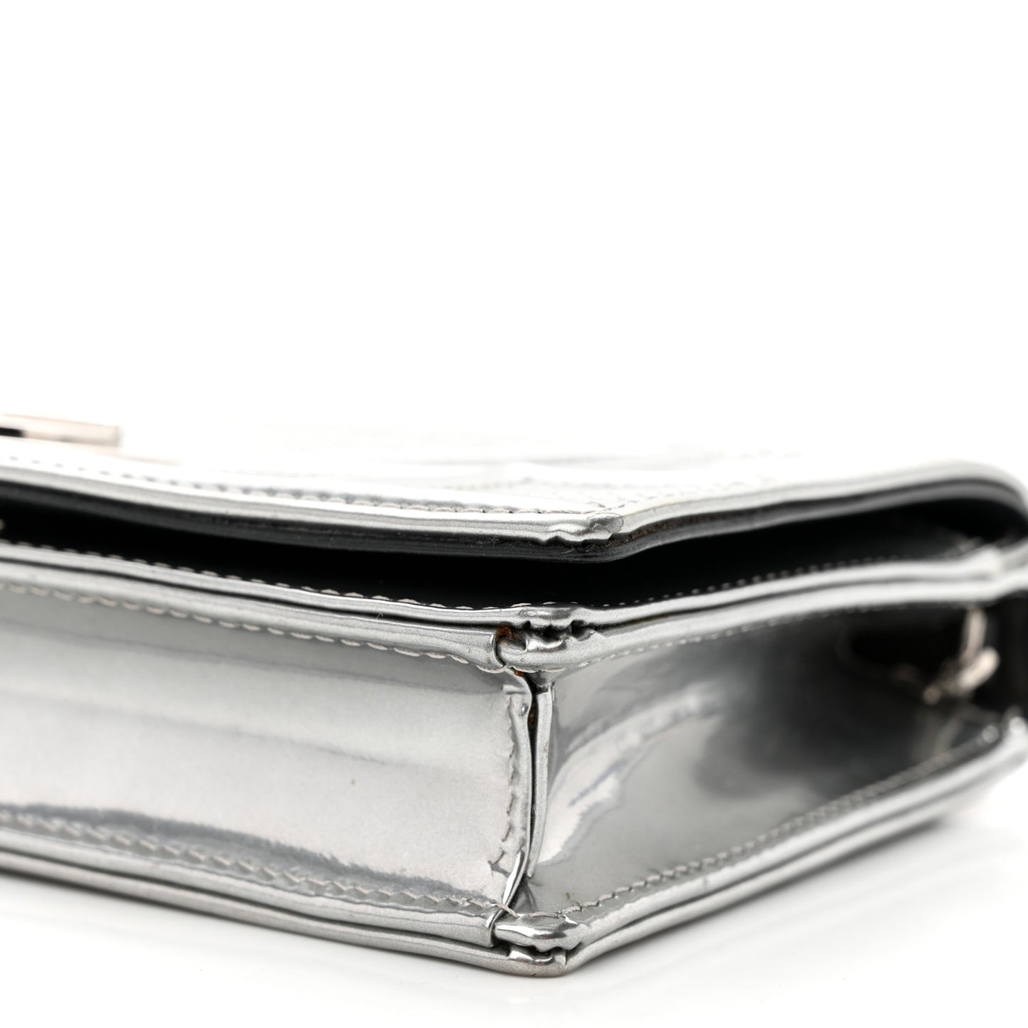 Metallic Patent Micro-Cannage Diorama Wallet on Chain Pouch Silver