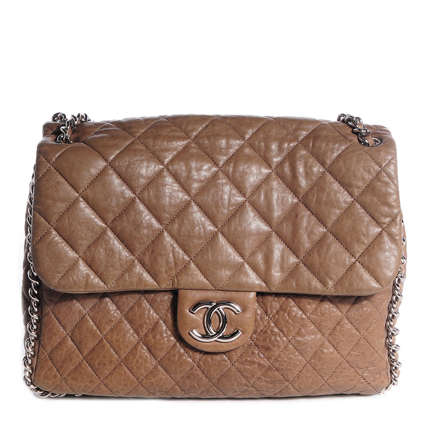 Washed Lambskin Chain Around Maxi Flap Bag Brown