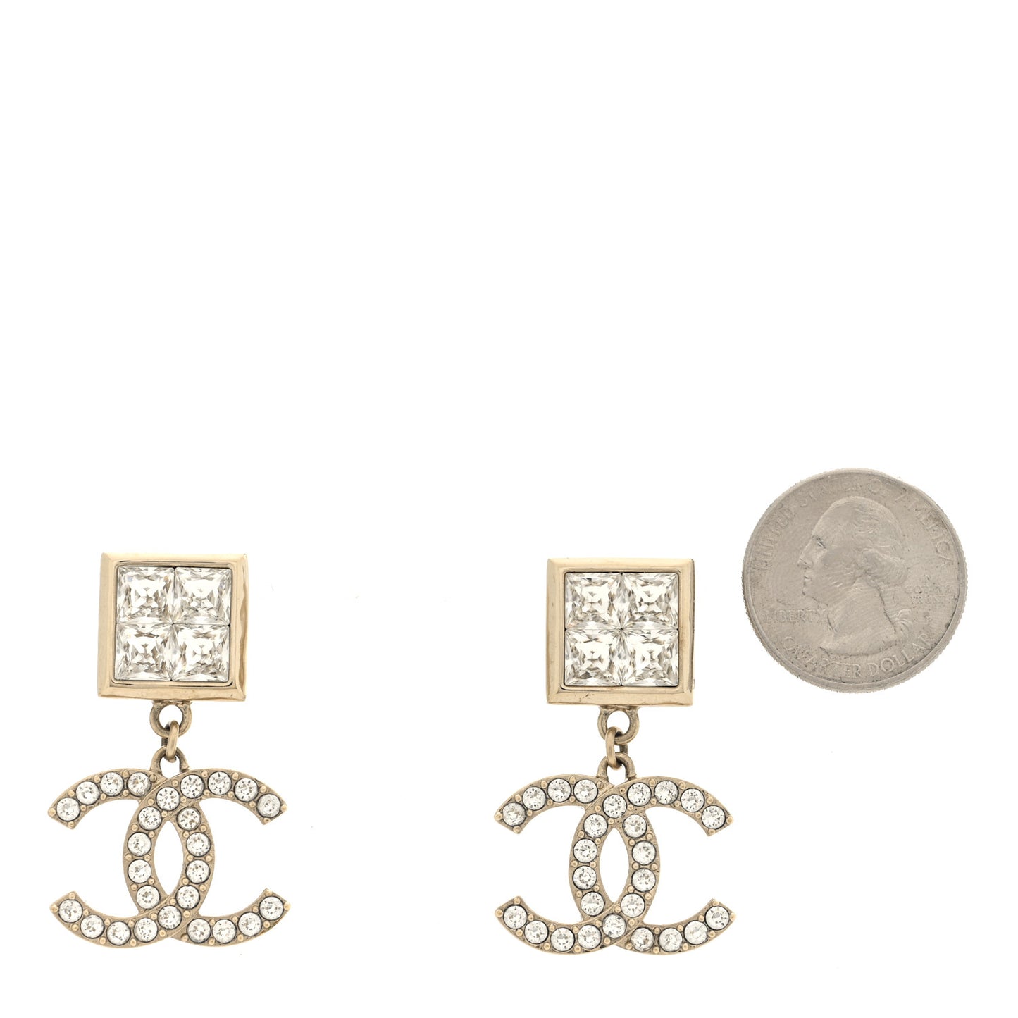 Metal Crystal Square CC Drop Earrings Gold