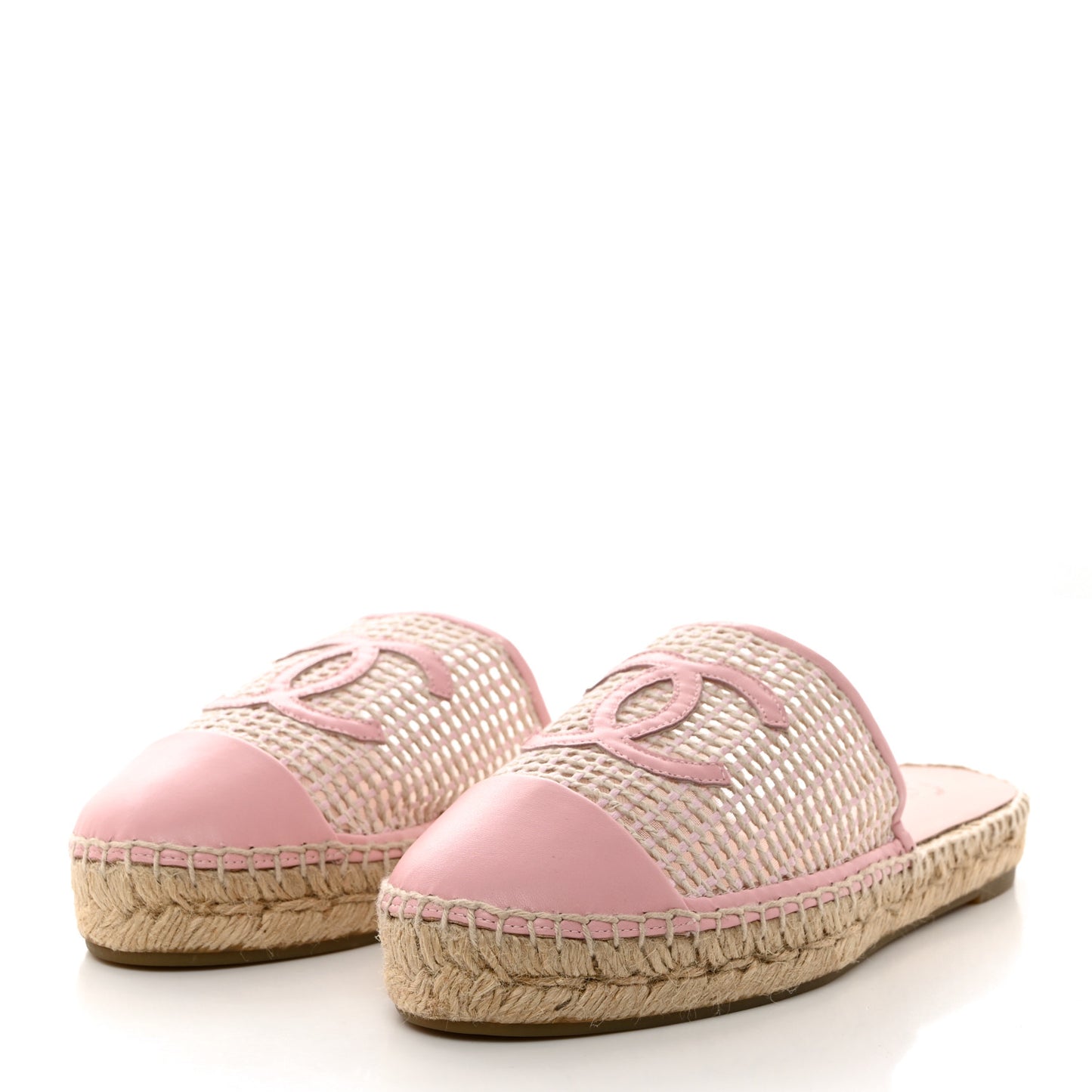 Mesh Grosgrain Lambskin CC Espadrilles Mule 38 Light Pink Beige