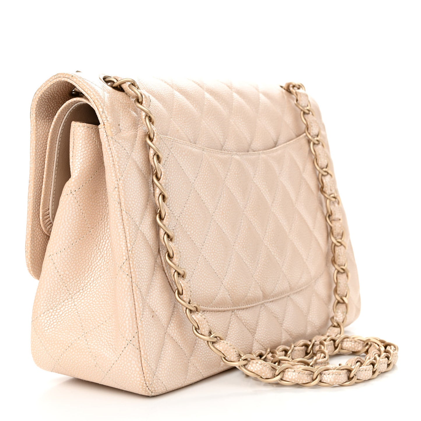 Iridescent Caviar Quilted Jumbo Double Flap Beige