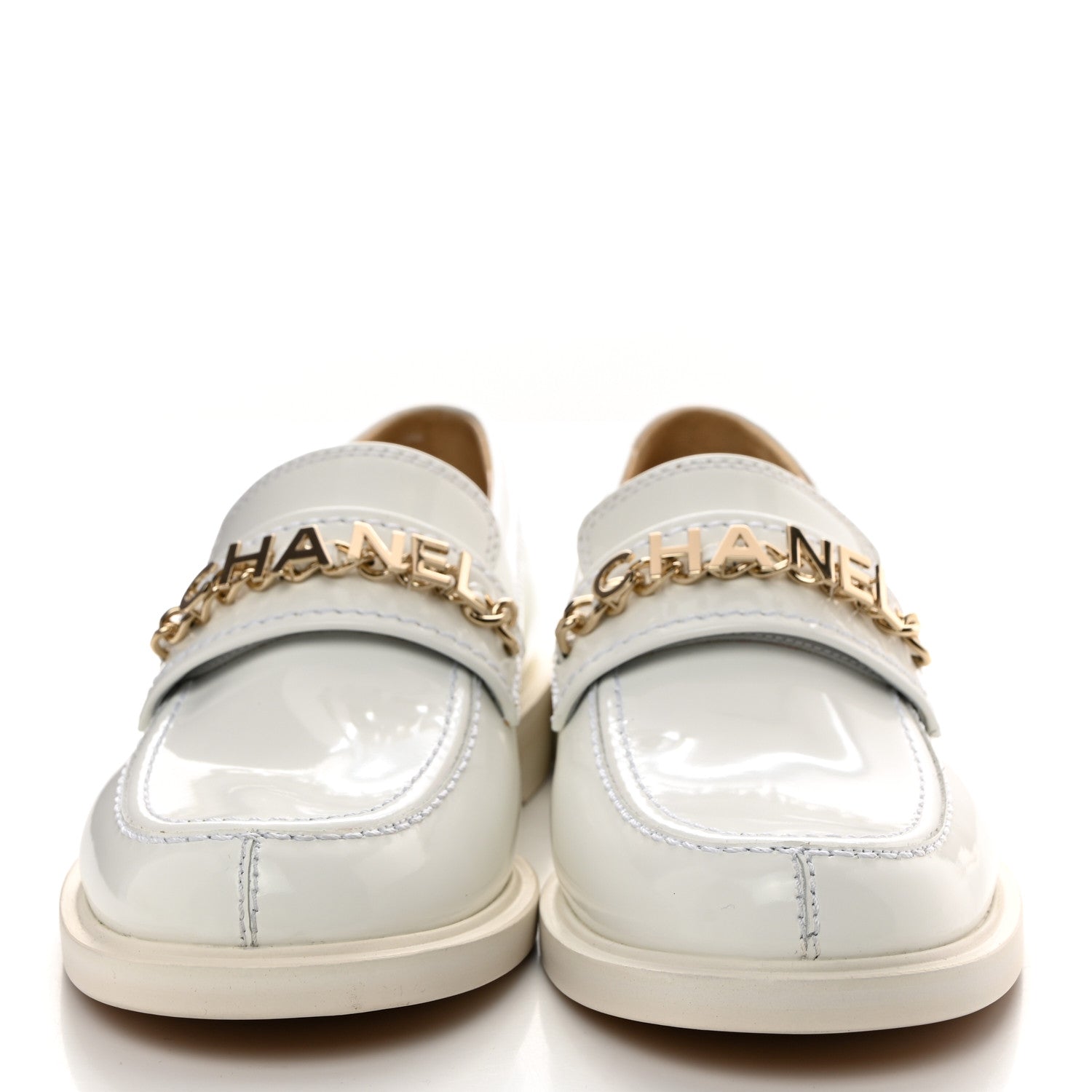 Chanel Shiny Calfskin Logo Loafers 37.5 White 2 of 9