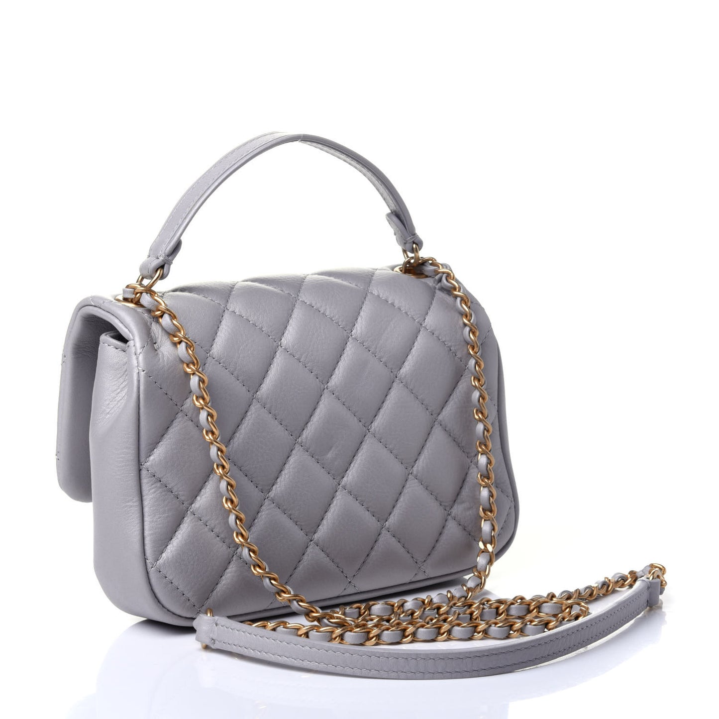 Calfskin Quilted Top Handle Flap Light Grey