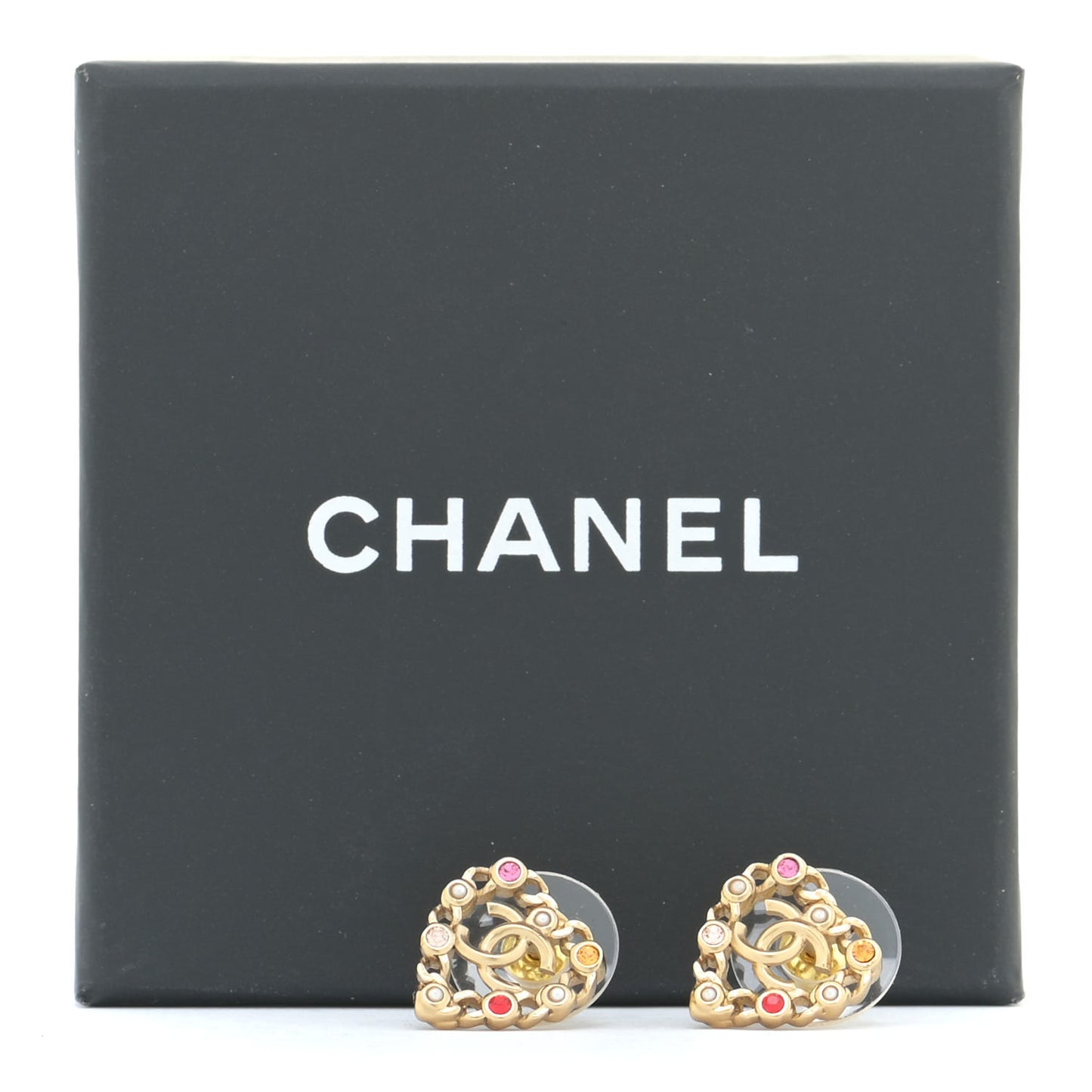 Pearl Crystal CC Heart Earrings Gold Multicolor
