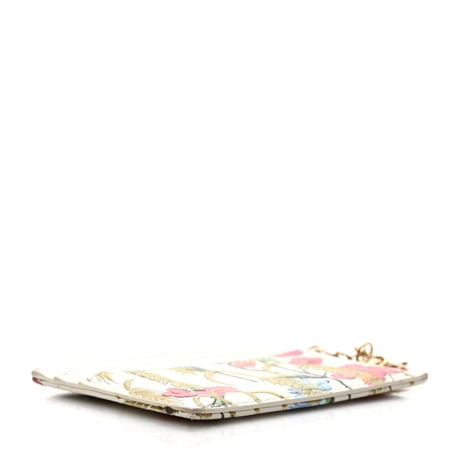 Calfskin Hibiscus Printed Card Holder Beige Multicolor
