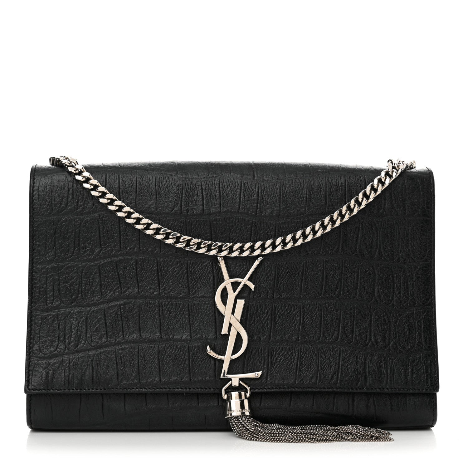 Saint Laurent Calfskin Crocodile Embossed Medium Classic Monogram Kate Tassel Satchel Black 1 of 13