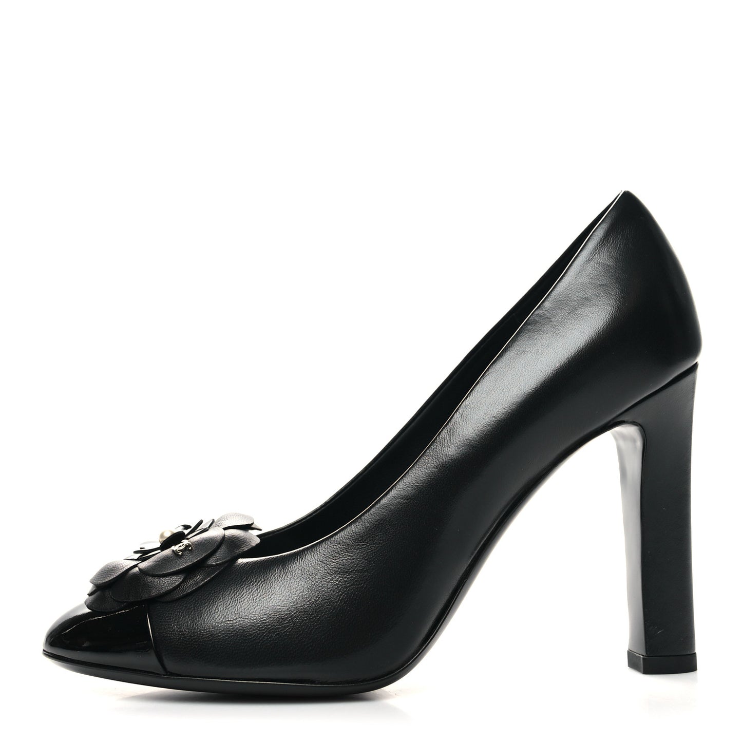 Lambskin Patent Calfskin Cap Toe Camellia Pumps 35.5 Black