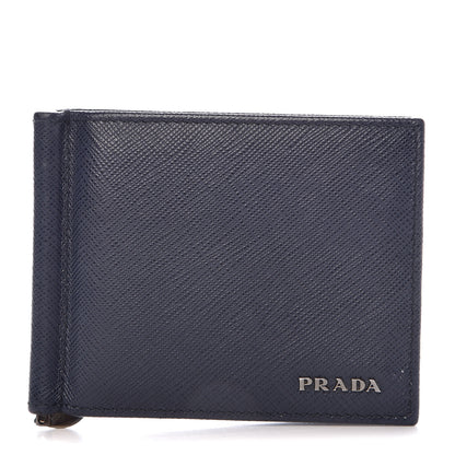 Prada Saffiano Bi-Color Money Clip Bi-Fold Wallet Baltico Black 1 of 7